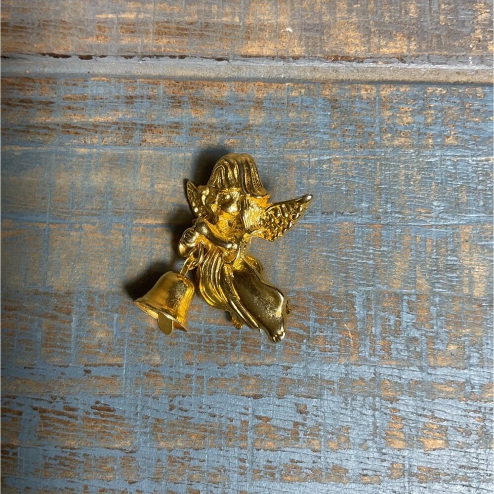 Vintage Gold-Tone Angel Lapel Pin Brooch With Bell Accent